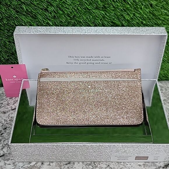 Kate Spade Wallet Tinsel Boxed Large Slim Card Holder in Glitter, Rose Gold - Picture 3 of 14